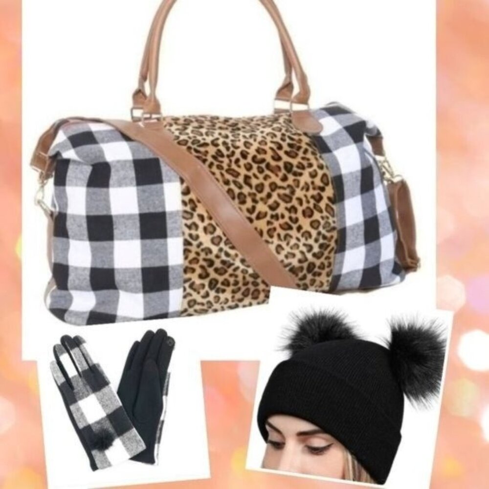 BUFFALO ANIMAL PRINT DUFFEL BAG/POM POM HAT & SMART GLOVES BUNDLE .  NEW